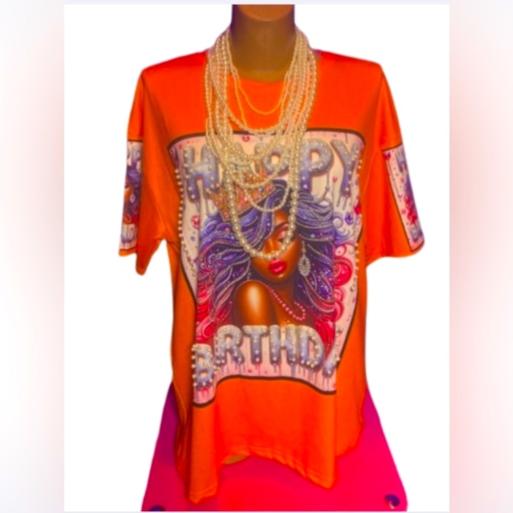 SHIRT: Orange Diva "Happy Birthday" Tee w/Vibrant Pearls & Rhinestones, NWT - Picture 3 of 17